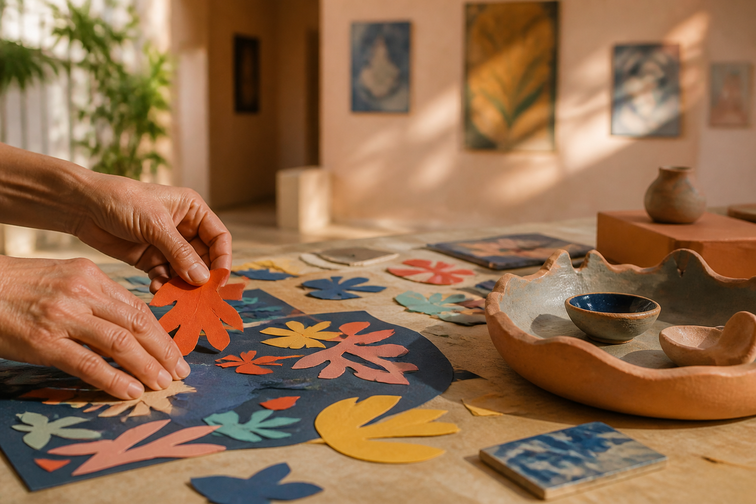 Hands making colorful paper and ceramic art inspired by South Texas