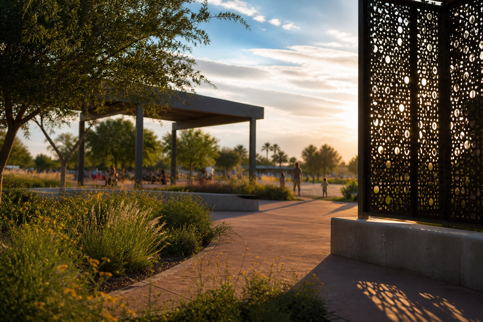 A lively, non-identifiable South Texas public plaza after sunset