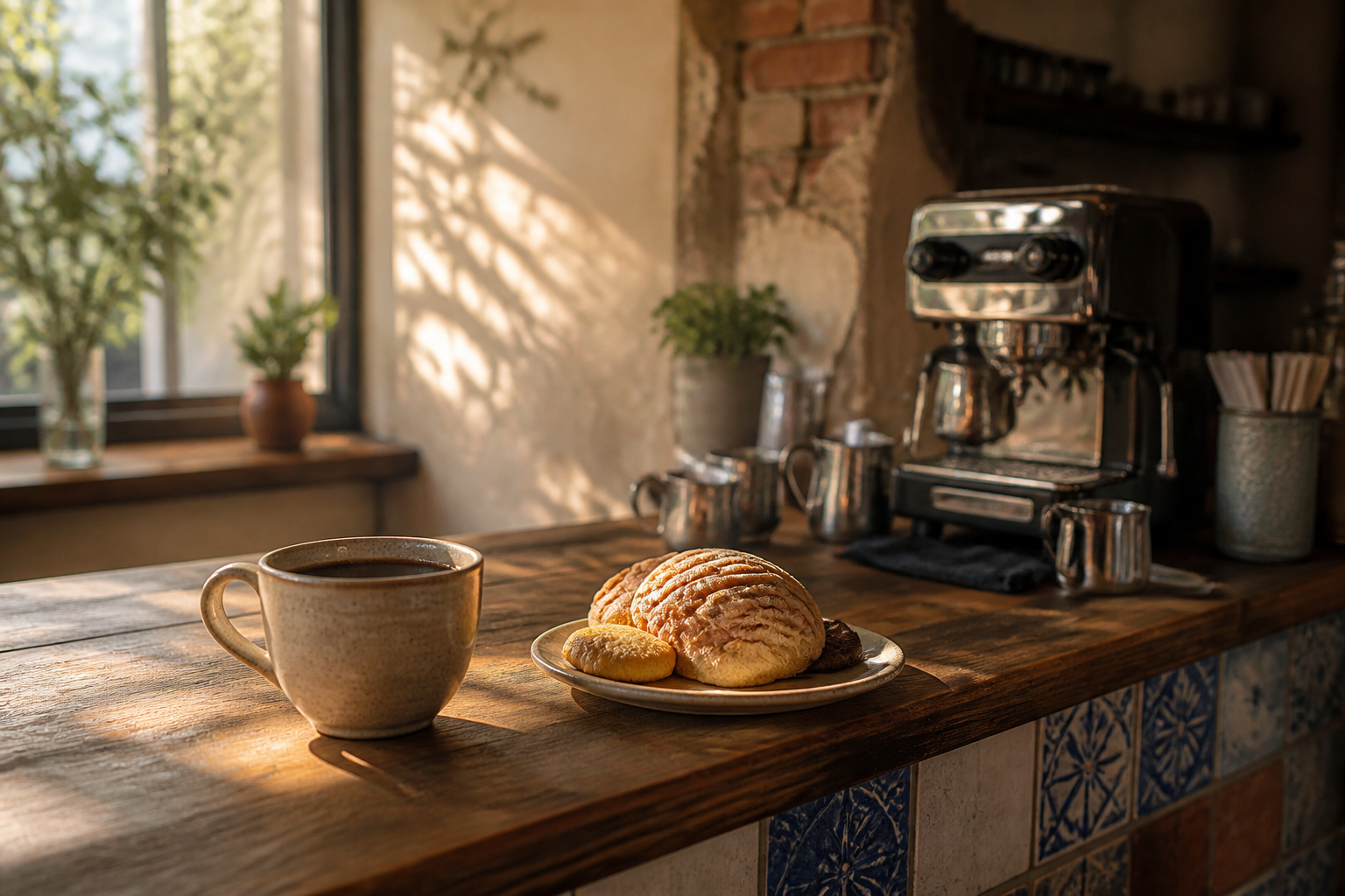 Coffee and pan dulce on a sunlit café table