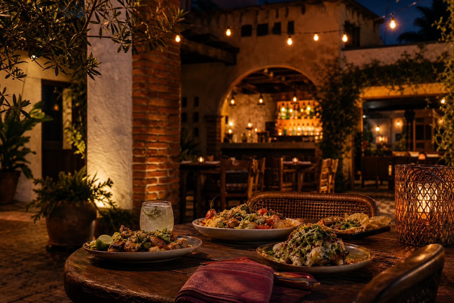 An inviting, non-branded South Texas courtyard table at golden hour