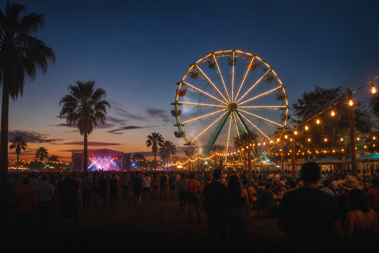 An evening South Texas festival with a glowing Ferris wheel and a distant concert stage