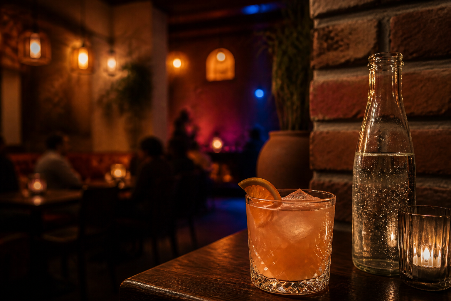 An intimate unbranded lounge glowing with warm evening light