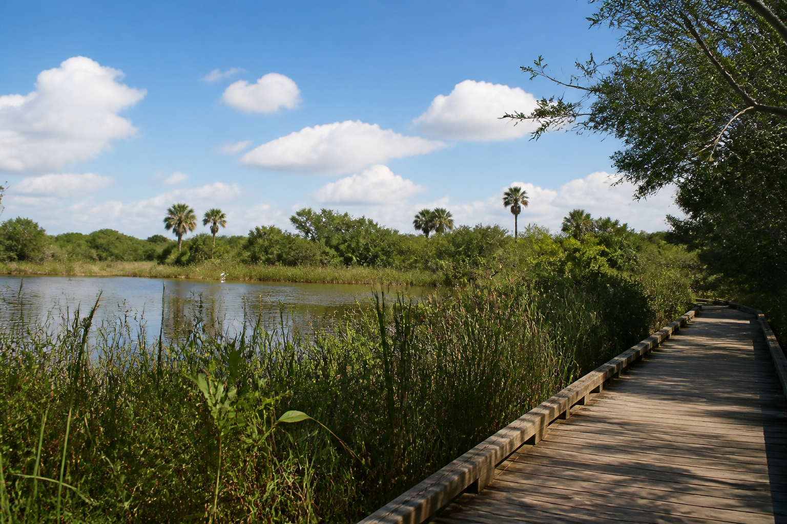 A quiet wetlands boardwalk beneath the broad South Texas sky