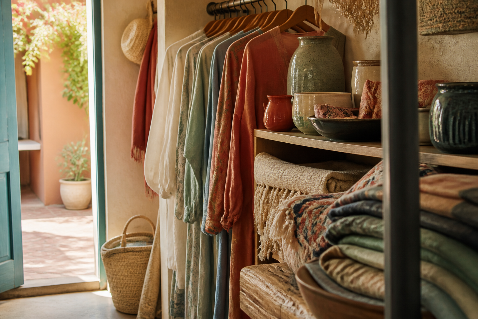 A non-branded boutique interior with clothing, ceramics, and gifts