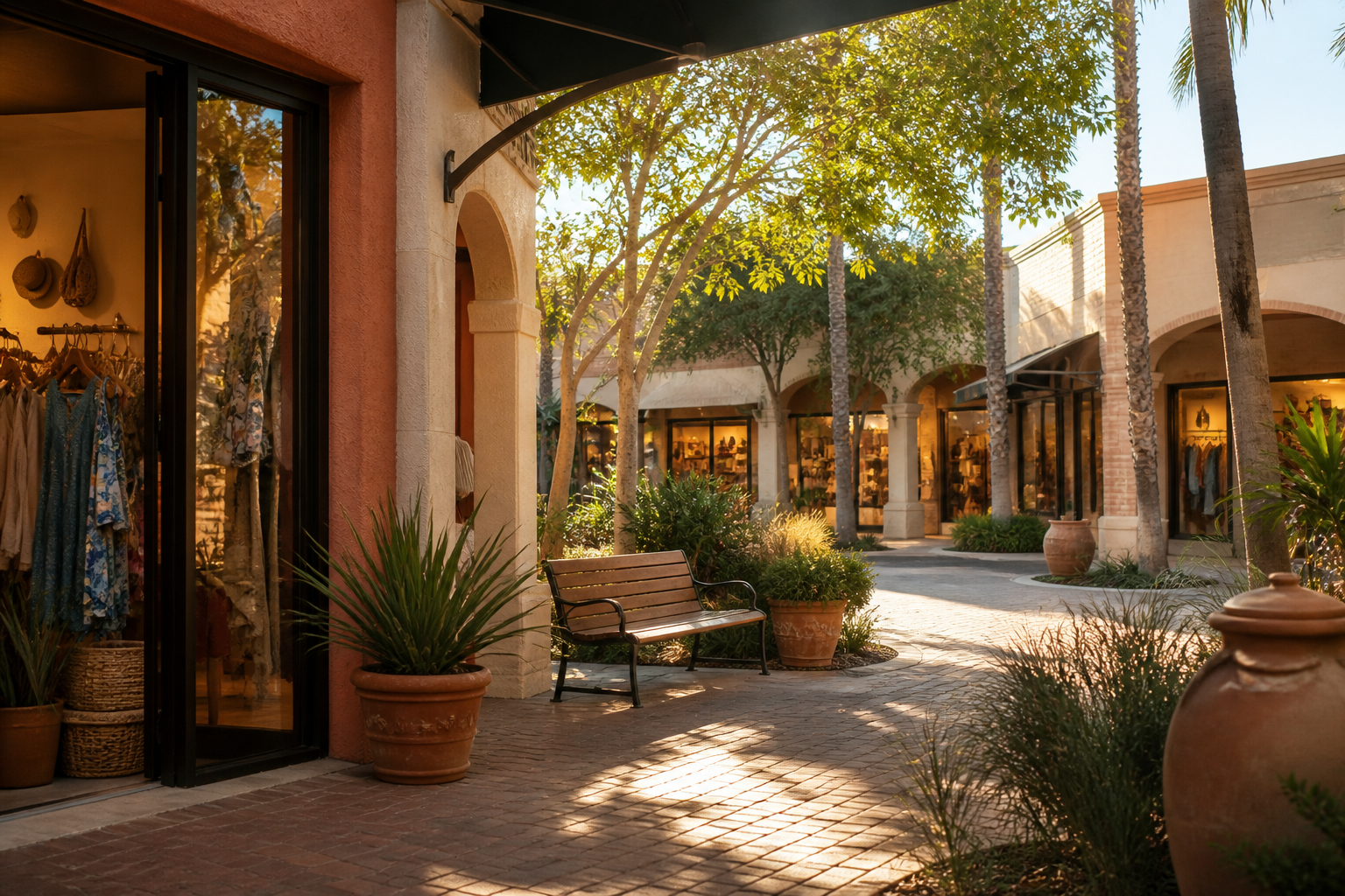 An anonymous outdoor shopping plaza in warm South Texas light