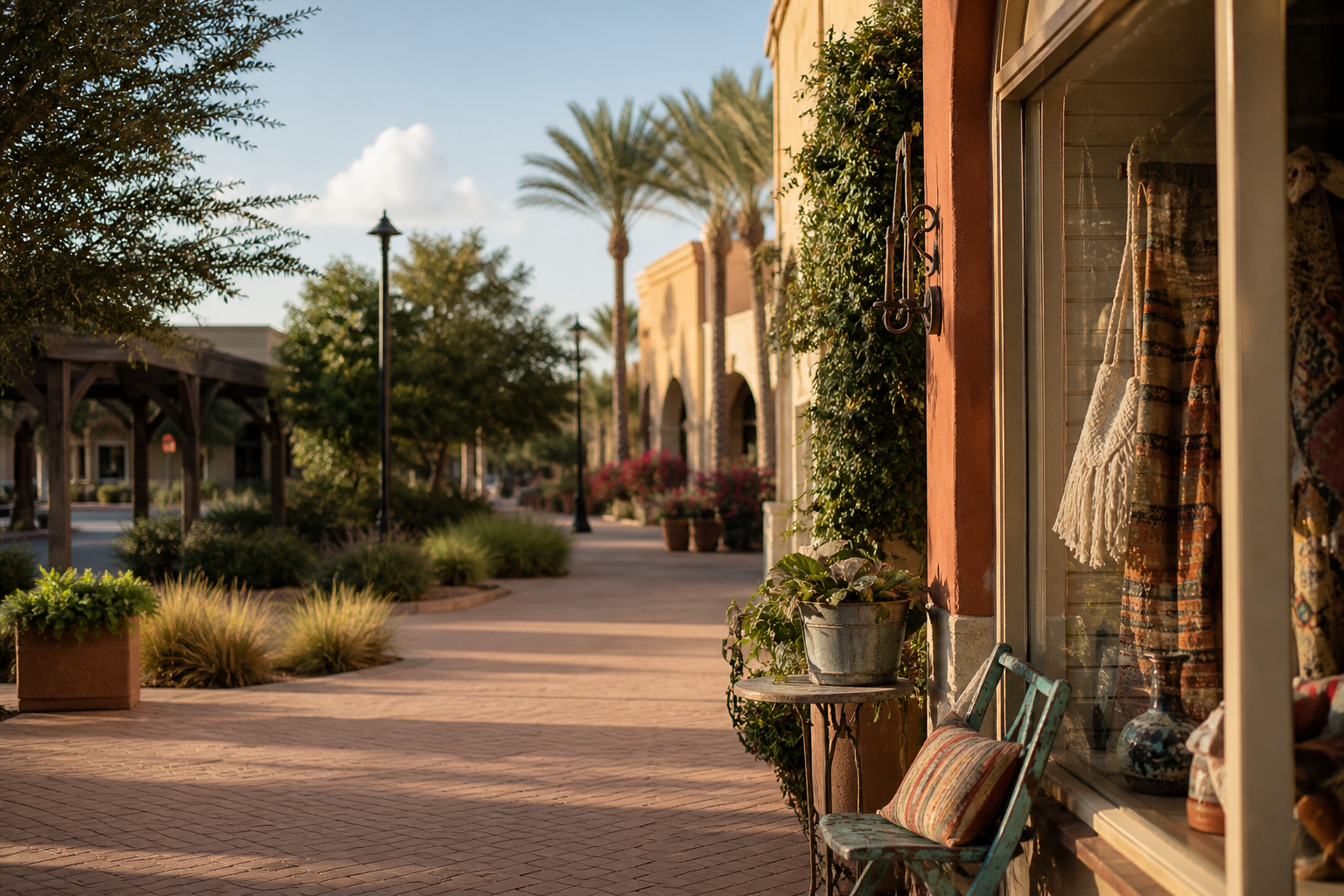An open-air South Texas retail walkway with no visible brands