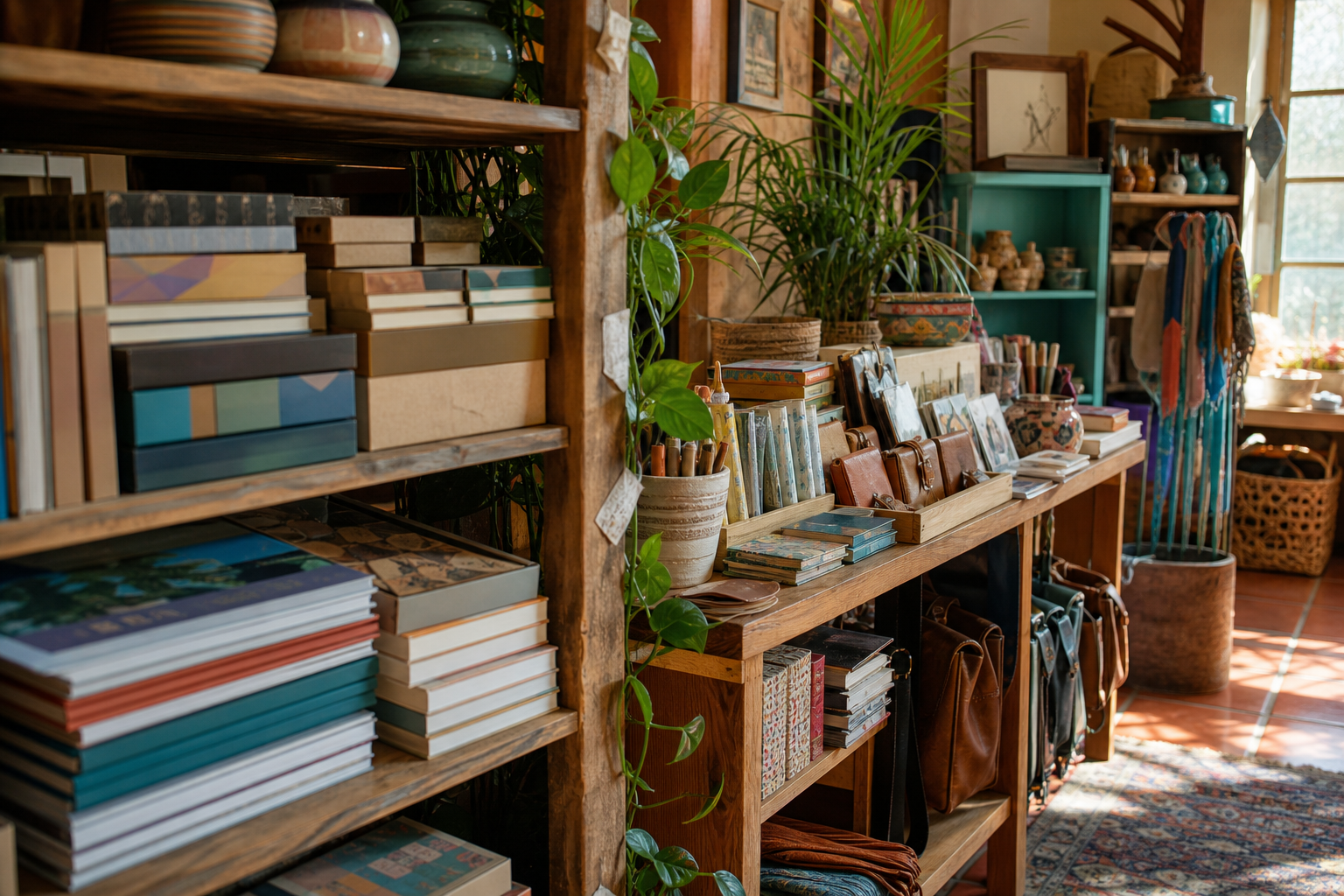 A specialty shop display with books, paper goods, and leather accessories