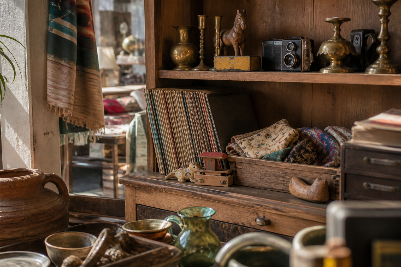 A warm vintage shop display filled with patinated collectibles