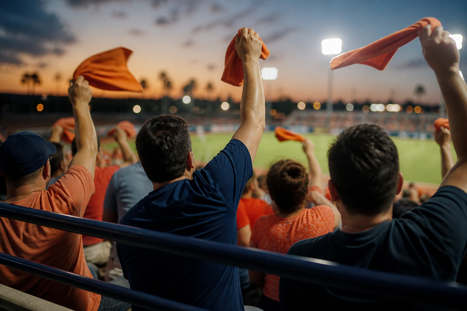 An unbranded South Texas sports crowd gathering beneath stadium lights