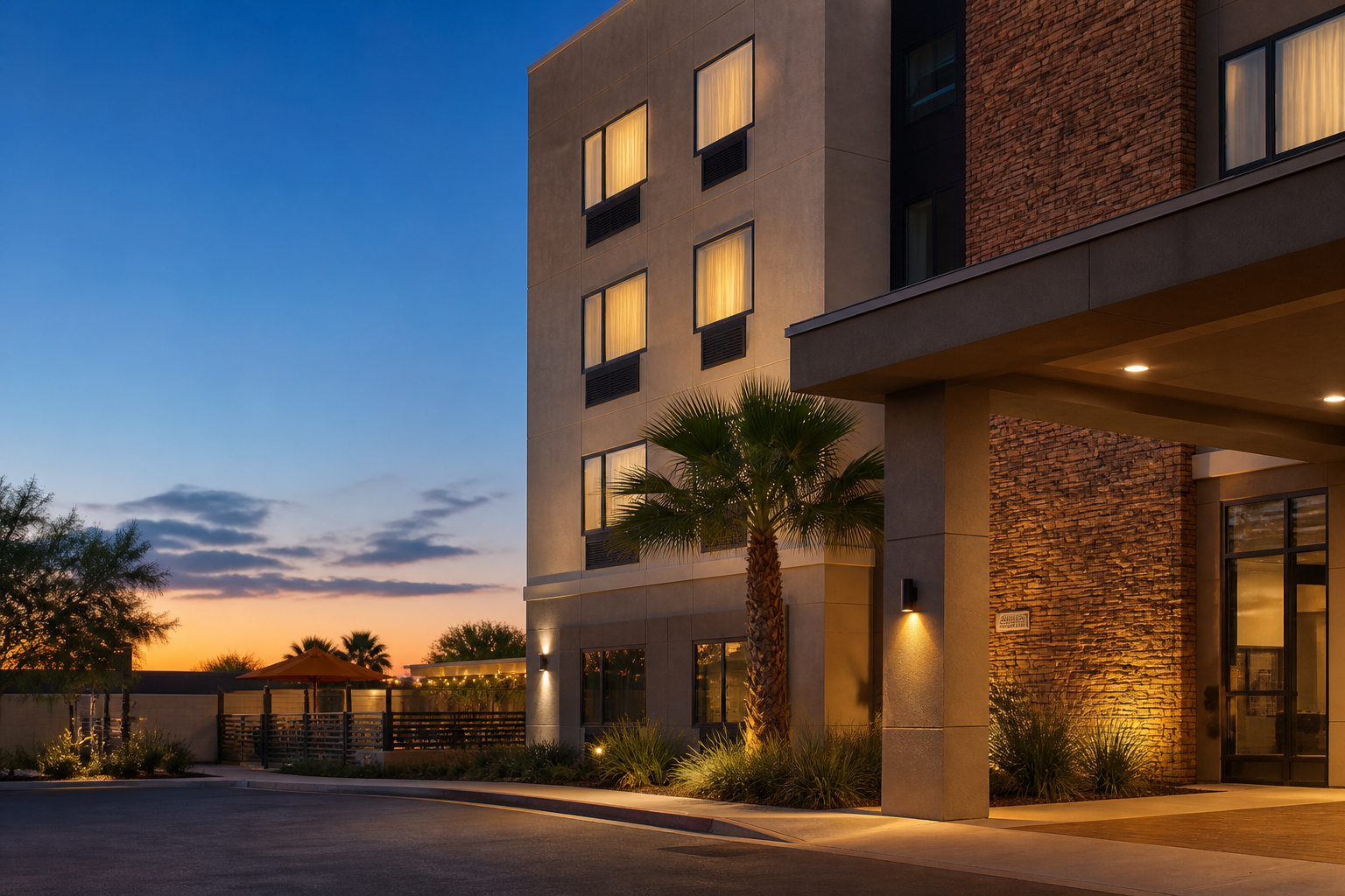 A welcoming, anonymous South Texas hotel exterior at dusk