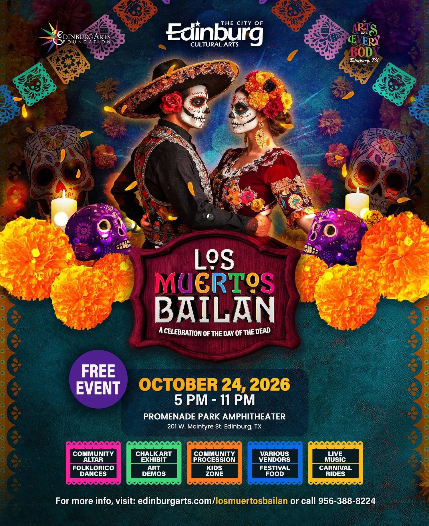 Colorful 2026 Los Muertos Bailan festival artwork