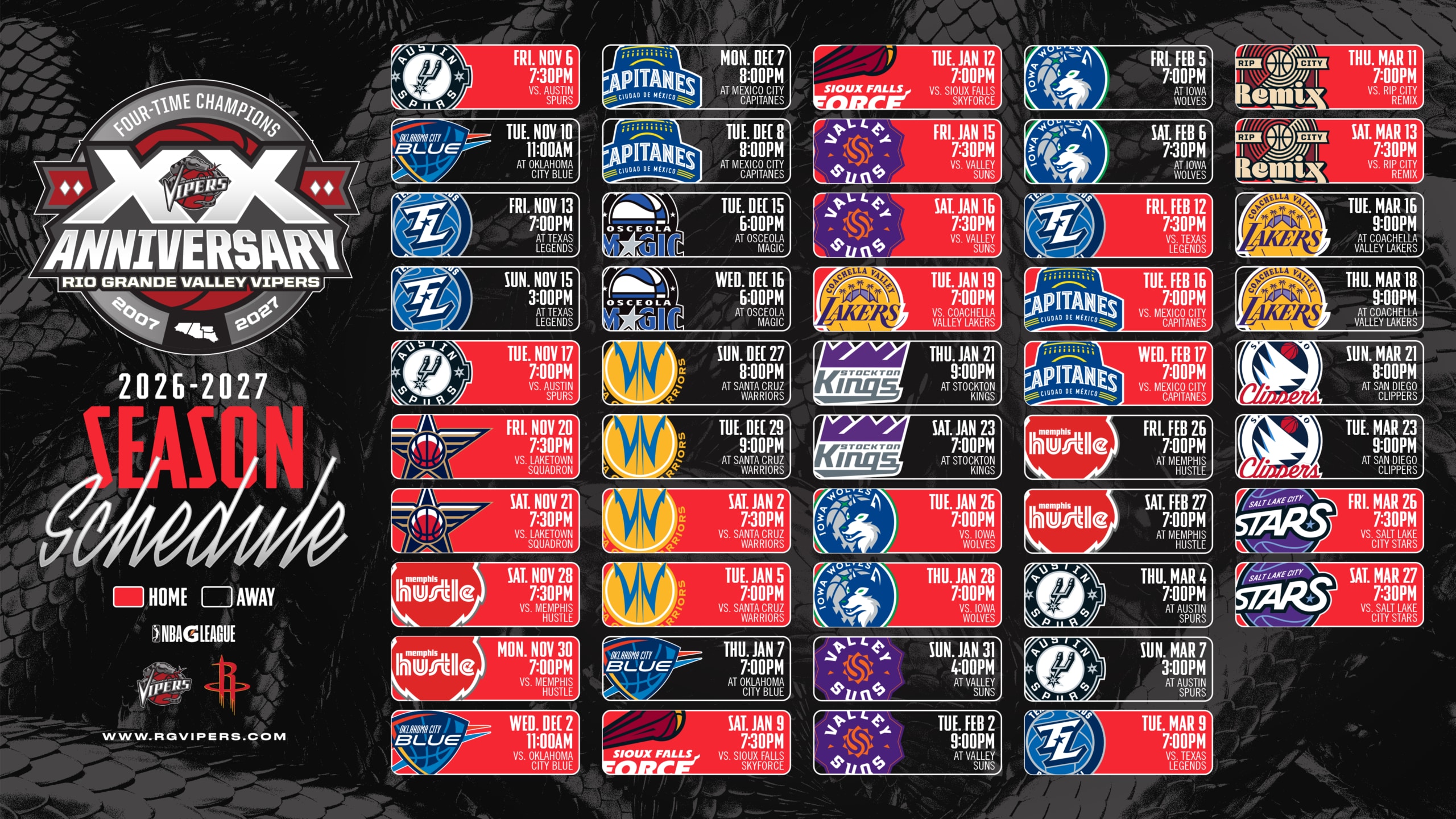 Rio Grande Valley Vipers 20th anniversary season schedule