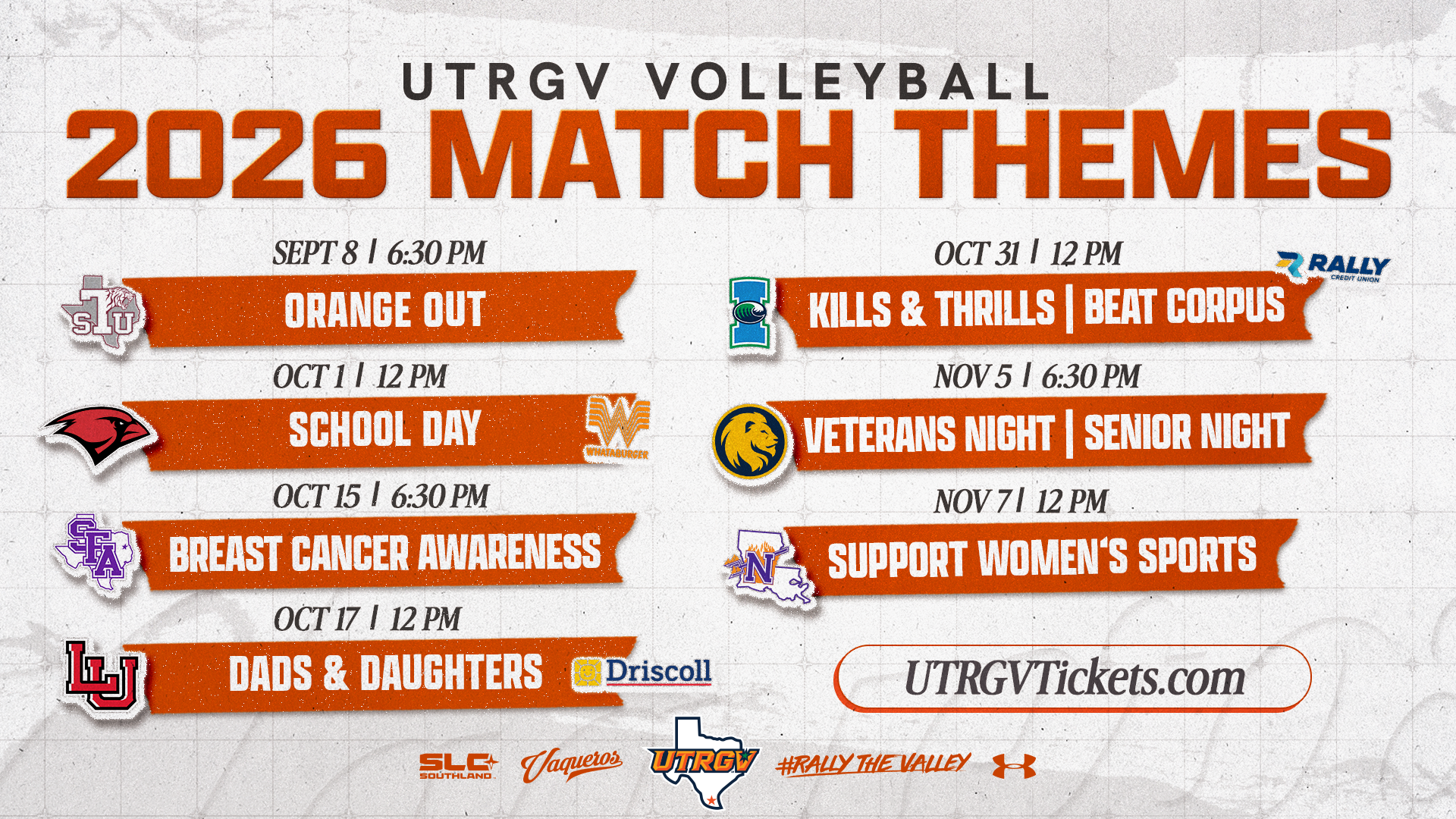 UTRGV Vaqueros 2026 volleyball theme schedule