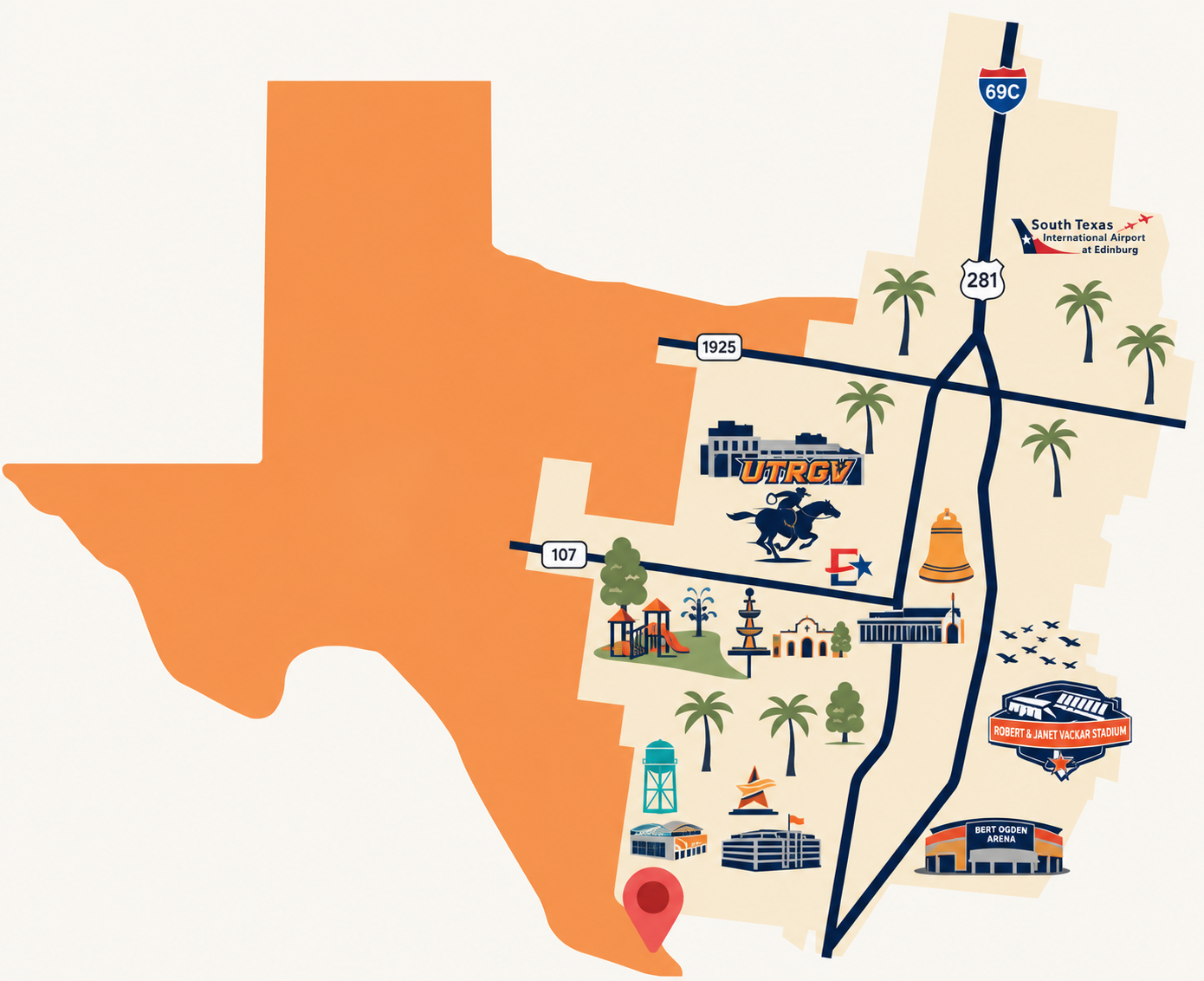 Modern illustrated map of Edinburg landmarks and visitor destinations across the city